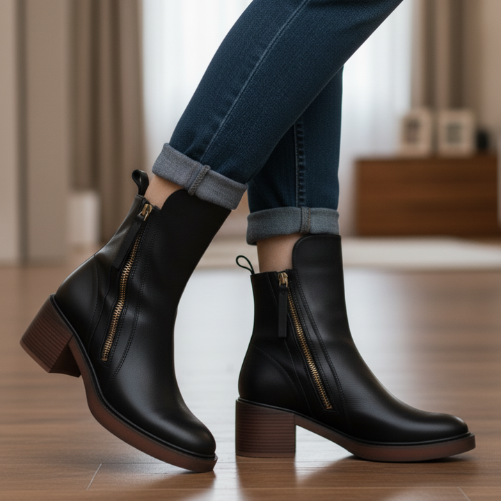 Valorine | Botte en cuir noire avec un talon confortable, élégante et intemporelle