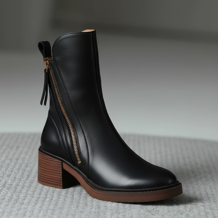 Valorine | Botte en cuir noire avec un talon confortable, élégante et intemporelle