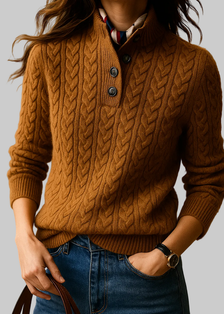 Cécile | Pull en cachemire torsadé col montant boutonné