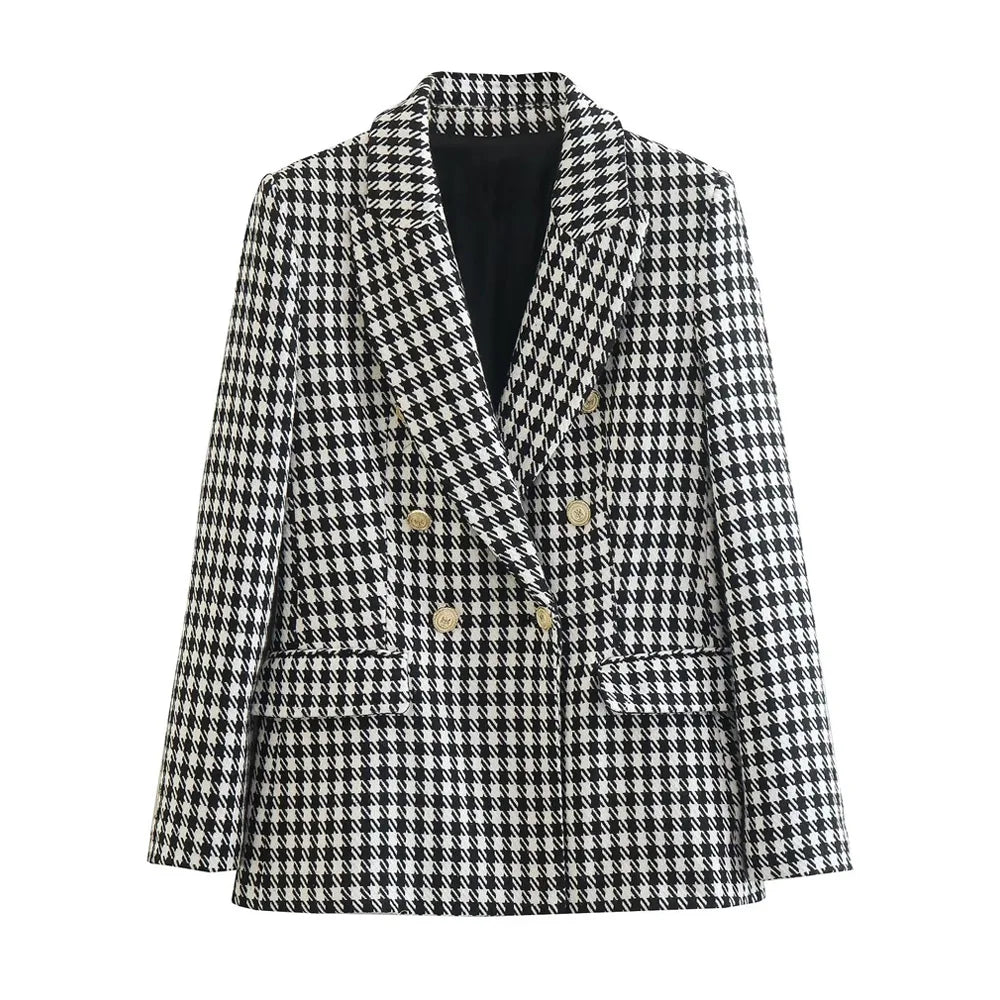 Brigitte Bordeaux | Blazer Femme Pied-de-Poule Vintage, Double Boutonnage, Élégant