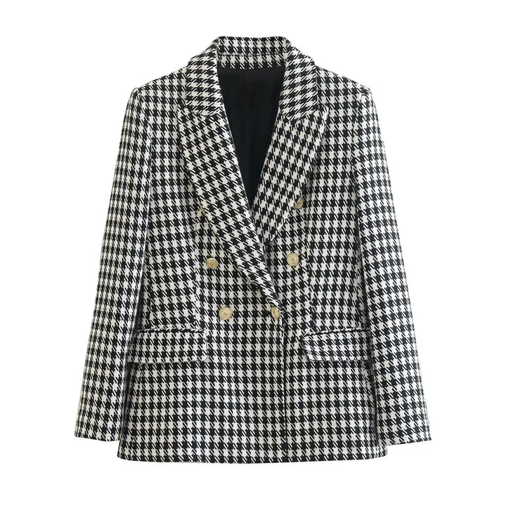 Brigitte Bordeaux | Blazer Femme Pied-de-Poule Vintage, Double Boutonnage, Élégant