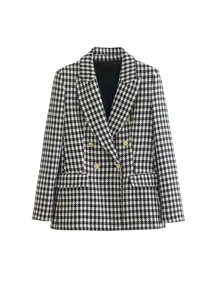 Brigitte Bordeaux | Blazer Femme Pied-de-Poule Vintage, Double Boutonnage, Élégant