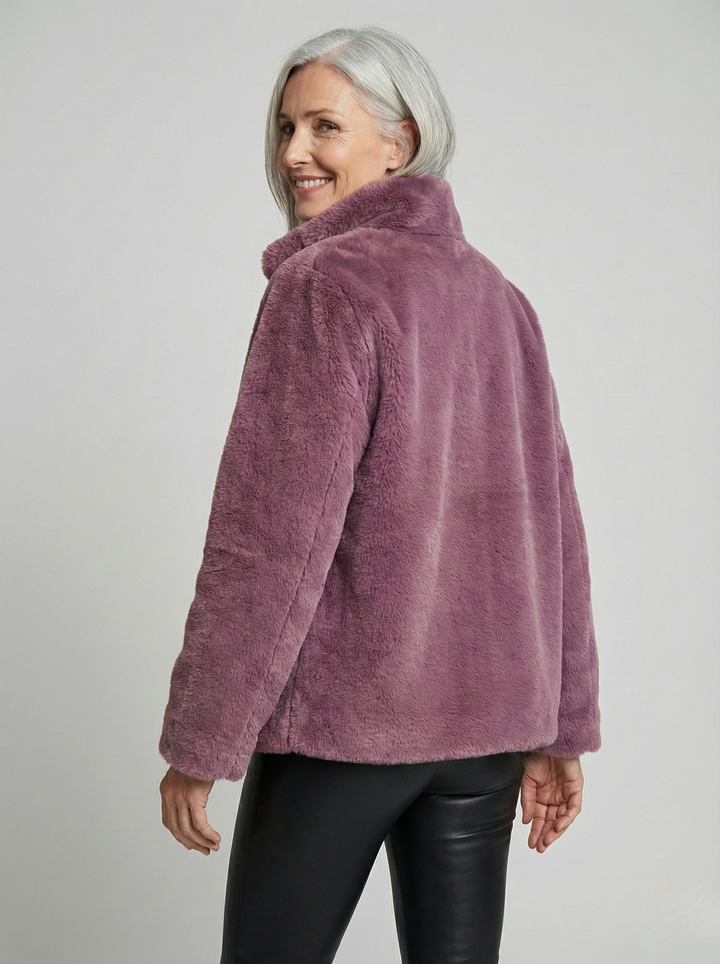 Soline | Veste Cocon en Fausse Fourrure - Col Montant Zippé